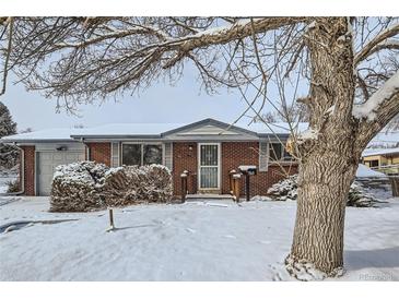 Brick ranch home with snow-covered landscaping and a spacious front yard at 7025 Newland St, Arvada, CO 80003