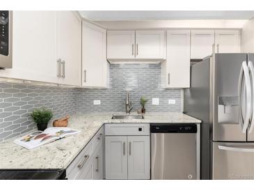Updated kitchen features stainless steel appliances, grey cabinetry, granite counters, and modern backsplash at 555 E 10Th Ave # 206, Denver, CO 80203