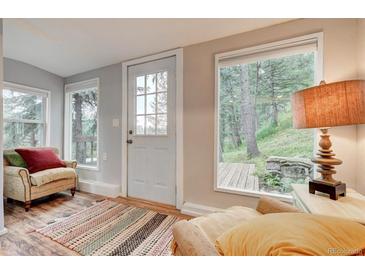 Inviting living room featuring bright windows, cozy seating, and wood floors at 4642 Plettner Ln, Evergreen, CO 80439