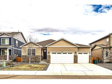 Charming single Gathering home with a two car garage, stone accents, and well manicured lawn at 14758 Normande Dr, Mead, CO 80542