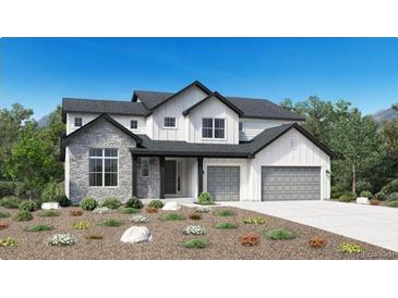 New construction home showcasing a modern farmhouse design with stone accents, board and batten siding, and a two-car garage at 5851 Las Rosas Dr, Parker, CO 80134