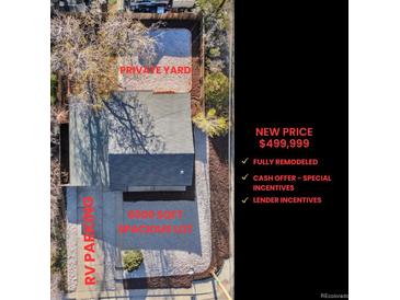 An aerial view showcases a home with RV parking and a spacious 6000 sqft lot, offering ample outdoor space at 1705 S Yuma St, Denver, CO 80223
