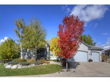 Charming home with landscaped front yard and mature trees in vibrant autumn colors at 698 Larimer Creek Dr, Monument, CO 80132