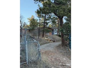 Rustic home exterior nestled amongst mature trees, featuring a gated entrance and gravel driveway at 433 Gunn Ave, Berthoud, CO 80513