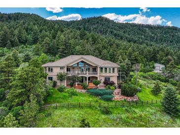 Stunning two-story home nestled on a picturesque hillside with lush landscaping and a charming split rail fence at 15533 S Perry Park Rd, Palmer Lake, CO 80133