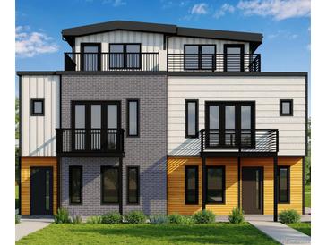 Modern townhome with black framed windows, balconies, and unique mixed material exterior at 3512 Wyandot St, Denver, CO 80211