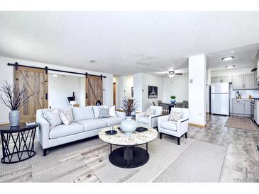 Open living space with barn door, updated flooring and contemporary decor at 300 S Clinton St # 8C, Denver, CO 80247