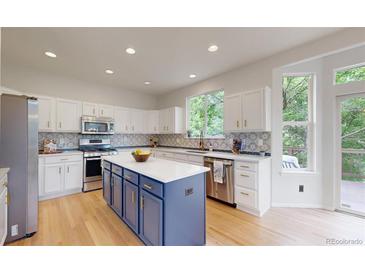 Modern kitchen with island, stainless appliances, and stylish backsplash design at 7597 Bison Ct, Littleton, CO 80125