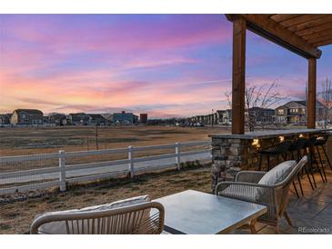 Enjoy the outdoors on this patio with bar seating and sunset views at 745 Penstemon Dr, Henderson, CO 80640