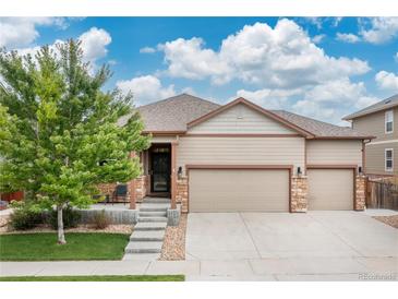 Charming single-story home with stone accents, a two-car garage and manicured lawn at 646 Gamble Oak St, Brighton, CO 80601