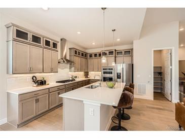 Bright kitchen features modern cabinetry, stainless steel appliances, and a large center island with bar seating at 1871 Grayside Cir, Castle Rock, CO 80109