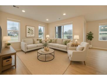 Bright living room featuring neutral tones, two sofas, an armchair, and abundant natural light from large windows at 5107 S Fairplay St, Aurora, CO 80015