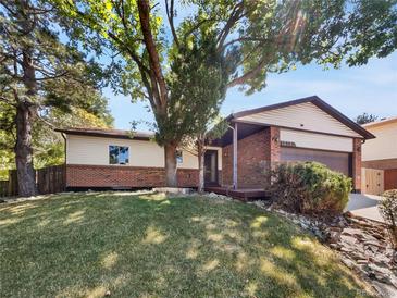 Charming brick and siding home with a well-maintained lawn and mature trees providing shade at 13784 W 67Th Way, Arvada, CO 80004