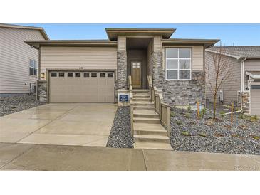 Beautiful two-story home featuring a stone facade, attached garage, and a well-manicured front yard at 231 Leafy Aster Ln, Castle Rock, CO 80104