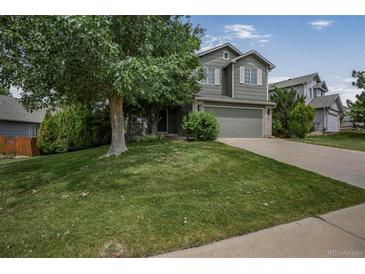 Charming two-story home with a well-manicured lawn and mature shade tree in a suburban neighborhood at 611 Branding Iron Ln, Castle Rock, CO 80104