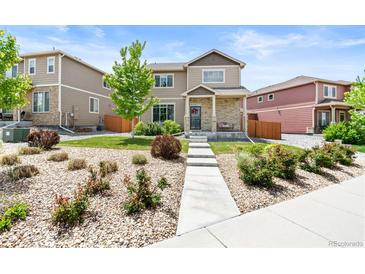 Charming two-story home with a well-maintained lawn, walkway, and beautifully landscaped front yard at 11684 Park South Loop, Parker, CO 80138