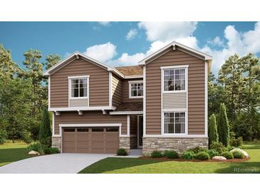 Beautiful two-story home with attached garage, stone accents, and landscaped front yard at 7037 E 126Th Pl, Thornton, CO 80602