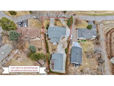 Aerial view of home showcasing the lot and the detached 6-car garage with additional office and shop space at 2225 Linda Vista Dr, Lakewood, CO 80215