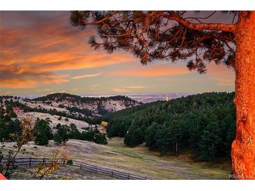 Scenic landscape view features rolling hills, a lush green valley, and vibrant sunset with a few houses scattered on the hills at 21849 Cabrini Blvd, Golden, CO 80401