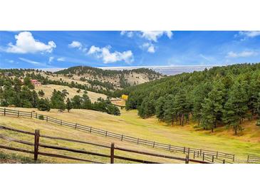 Expansive view of rolling hills with trees and distant city skyline, under a partly cloudy blue sky at 21849 Cabrini Blvd, Golden, CO 80401