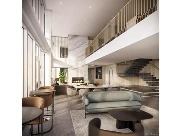 Bright, open living space featuring a modern fireplace and staircase at 525 18Th St # 1303, Denver, CO 80202