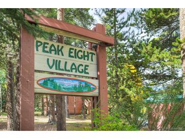 Charming Peak Eight Village sign surrounded by lush greenery and mature trees at 1080 Ski Hill Rd # 9, Breckenridge, CO 80424