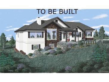 New home with stone accents, black shutters, a covered porch, professional landscaping, and a well-manicured lawn at 3806 Pinehurst, Monument, CO 80132
