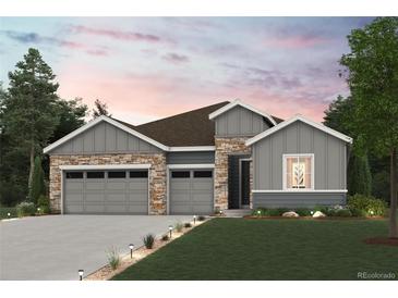 Charming single-Gathering home showcasing stone accents, gray siding, and a manicured front lawn at 10730 Hanging Lake Pl, Parker, CO 80138