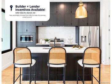 Modern kitchen featuring sleek cabinetry, stainless steel appliances, and a stylish island with seating at 1250 Yates St, Denver, CO 80204