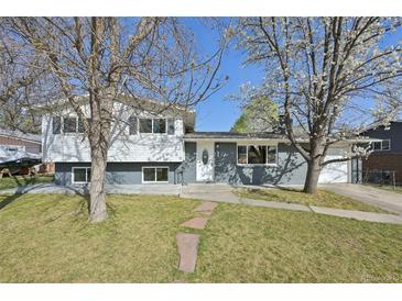 Charming gray split-level home with well-manicured lawn and mature trees at 1524 Twin Sisters Dr, Longmont, CO 80504