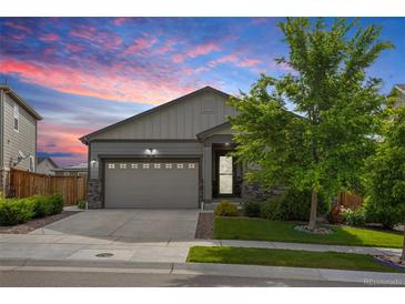 Charming single-Gathering home with a two-car garage, stone accents, a well-kept lawn and a picturesque sunset backdrop at 9628 Albion Ln, Thornton, CO 80229