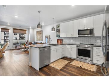 Bright kitchen featuring stainless steel appliances, subway tile backsplash and open layout to the living room at 20 Wilcox St # 403, Castle Rock, CO 80104