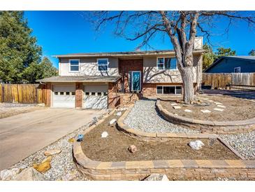 Inviting front exterior featuring a well-manicured yard, mature tree, and attached two-car garage at 11 Gordon Dr, Castle Rock, CO 80104