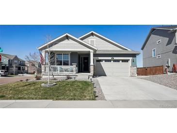 Attractive home with a covered front porch, two-car garage, and a well-maintained lawn at 965 Peach Leaf Ln, Elizabeth, CO 80107