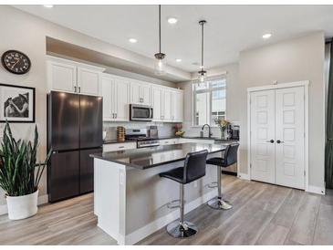 Charming kitchen with stainless steel appliances, island seating, and modern lighting at 2225 S Poppy St, Lakewood, CO 80228