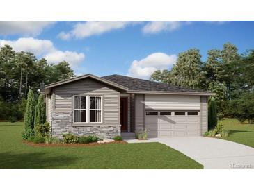 Single-story home with gray siding, stone accents, and a two-car garage at 9183 Truckee Ct, Commerce City, CO 80022