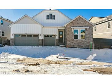 Two-story house with gray siding and a snow-covered front yard at 8791 Yellowcress St, Littleton, CO 80125