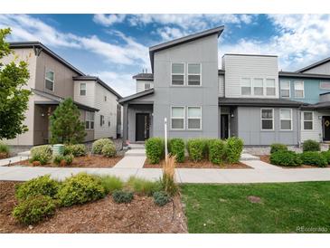 Modern townhouse showcasing gray facade, landscaped front yard and inviting walkway at 16203 E 47Th Pl, Denver, CO 80239