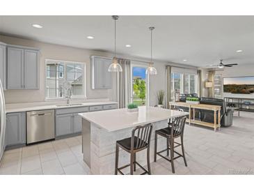 Bright kitchen featuring grey cabinets, a large island with seating, and stainless steel appliances at 7380 S Shady Grove Way, Aurora, CO 80016