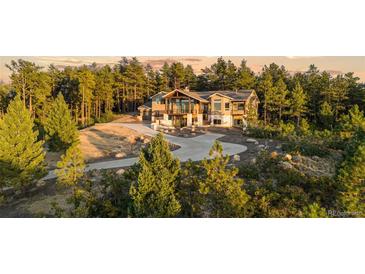 Expansive two-story home with stone accents, large windows, and a private driveway nestled in a lush forest setting at 7113 Echo Hills Club Rd, Larkspur, CO 80118