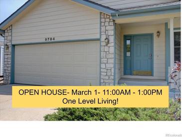 Charming exterior view of a single-Gathering home with attached garage and an open house sign at 9784 W Euclid Dr, Littleton, CO 80123