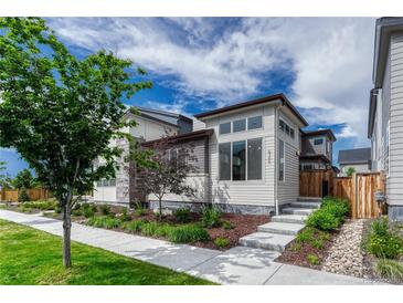 Charming two-story home features a modern design and beautifully landscaped front yard at 6366 N Emporia St, Denver, CO 80238