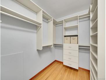Spacious walk-in closet featuring custom shelving, drawers, and ample storage space with hardwood floors at 1605 Saint Paul St # 6, Denver, CO 80206
