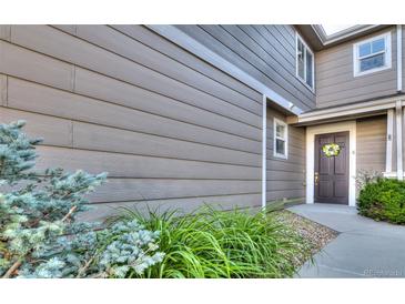 Stylish condo entrance with neutral siding, well maintained landscaping, and decorative door wreath at 17205 Waterhouse Cir # C, Parker, CO 80134