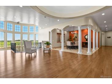 Bright living room with hardwood floors, soaring ceilings and elegant architectural details at 634 County Road 37, Brighton, CO 80603