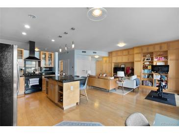 Open-concept living space with island kitchen and custom built-ins, offering ample storage and a sleek design at 1438 Little Raven St # 310, Denver, CO 80202