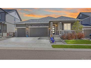 Charming single-story home with a well-manicured lawn, three-car garage, and a welcoming front porch at 12846 Palisade St, Mead, CO 80504