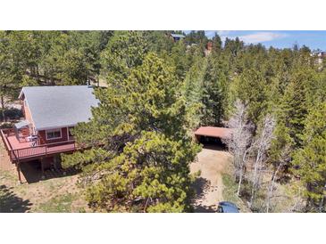 Secluded cabin exterior with deck and carport nestled among the trees at 32187 Sylvan Rd, Golden, CO 80403