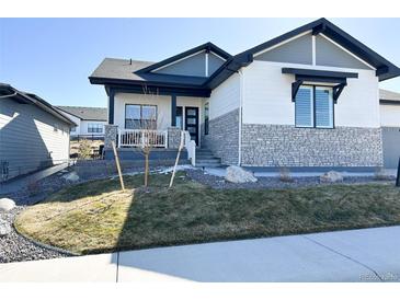 Charming single Gathering house showcasing stone accents, modern design, and meticulously landscaped front yard at 5492 Woodroot Pt, Castle Rock, CO 80104