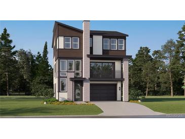 Modern two-story home featuring a black garage door, balcony, and mixed siding at 7744 S Cherokee Trl, Centennial, CO 80016